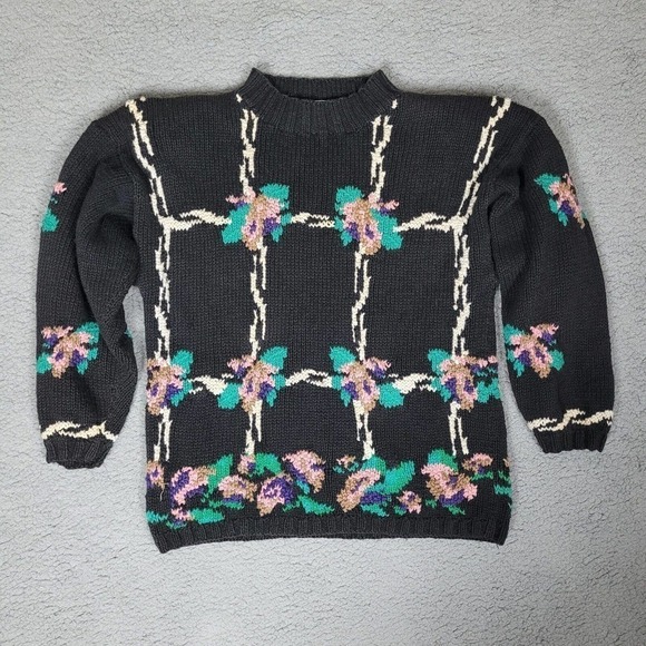 Black VTG Sweater Womens Large Grannycore Grandmacore Floral Hand Knit 80s - Picture 1 of 5